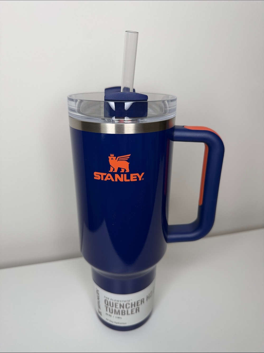 Stanley Blue Travel Mug with Orange Logo and Handle Accent 40oz